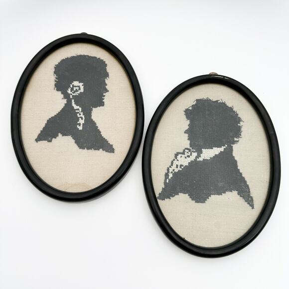 Antique Silhouette Oval Needlepoint Side Profile Portraits Regency Framed Pair - Picture 8 of 13